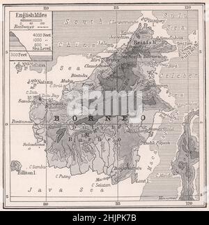 Low-lying coasts and Mountain Hinterland of Borneo. Malaysia (1923 map) Stock Photo