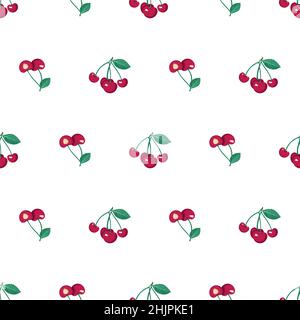Cherry berry seamless pattern with leaves, print on white background. Vector flat illustration with different red and green elements for spring and summer Stock Vector
