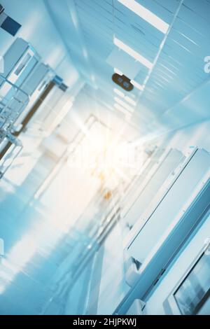 Flashing light in the medical building hallway as a concept of an scientific experiment. Stock Photo