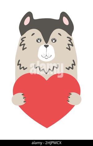 Cute cartoon dog puppy wolf husky animal holds a heart sign with copy space. set valentine's day greeting card banner invitation flyer brochure. cartoon hand drawn style. Little animals pets in love, declaration of love. Stock Vector