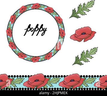 Horizontal floral border pattern. Fashion style. Floral wreath. Detailed contour wreath and seamless pattern brush with poppy isolated on white Stock Vector
