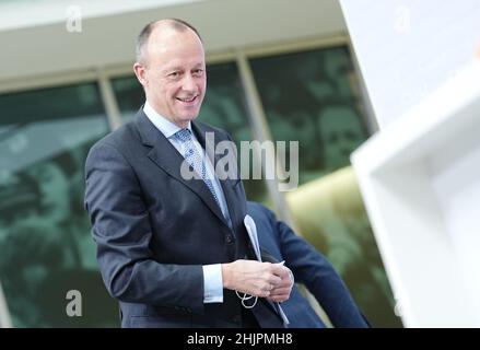 Berlin, Germany. 31st Jan, 2022. Friedrich Merz, new CDU party chairman, arrives at the press conference after the announcement of the postal election results for the CDU party leadership. Merz is now also officially the new CDU chairman. The 66-year-old economic politician received 95.33 percent of the vote in the postal ballot, according to CDU data released Monday. This written vote was necessary for legal reasons after the online party conference on January 22. Credit: Kay Nietfeld/dpa/Ģ����ý Live News Stock Photo