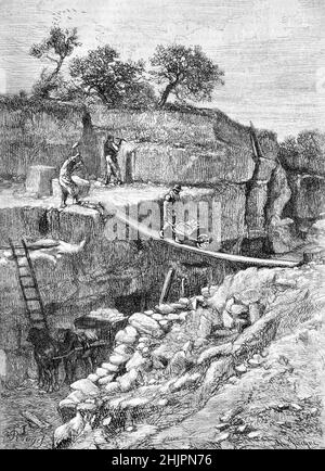 Early Stone Quarry, La Croix-aux-Coqs, in the Yéres Valley Normandy France. Vintage Illustration or Engraving 1865 Stock Photo