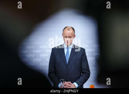 31 January 2022, Berlin: Friedrich Merz, new CDU party chairman, gives a press conference after the announcement of the postal election results for the CDU party leadership. Merz is now also officially the new CDU chairman. The 66-year-old economic politician received 95.33 percent of the vote in the postal ballot, according to CDU data released Monday. This written vote was necessary for legal reasons after the online party conference on January 22. Photo: Kay Nietfeld/dpa Stock Photo