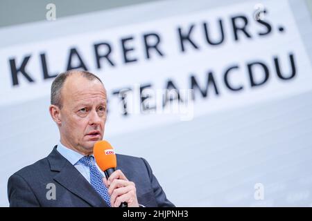 31 January 2022, Berlin: Friedrich Merz, new CDU party chairman, gives a press conference after the announcement of the postal election results for the CDU party leadership. Merz is now also officially the new CDU chairman. The 66-year-old economic politician received 95.33 percent of the vote in the postal ballot, according to CDU data released Monday. This written vote was necessary for legal reasons after the online party conference on January 22. Photo: Kay Nietfeld/dpa Stock Photo
