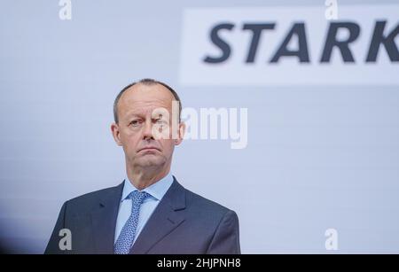 31 January 2022, Berlin: Friedrich Merz, new CDU party chairman, gives a press conference after the announcement of the postal election results for the CDU party leadership. Merz is now also officially the new CDU chairman. The 66-year-old economic politician received 95.33 percent of the vote in the postal ballot, according to CDU data released Monday. This written vote was necessary for legal reasons after the online party conference on January 22. Photo: Kay Nietfeld/dpa Stock Photo