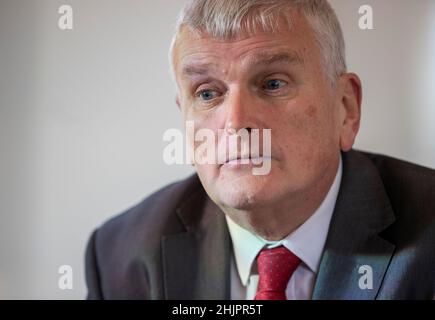 Jim Wells, DUP MLA for South Down, during an interview where he talks of being deselected by the party as a candidate for the Northern Ireland Assembly elections in May. Stock Photo