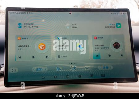 Infotainment screen of a BYD Yuan Plus as pictured on a test drive in Shanghai, China. Stock Photo