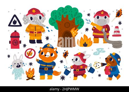 Animals firefighters. Cute kids characters extinguish flame. Fighters with fire and victim rescuers. Elephant in uniform. Bunny and behemoth with Stock Vector