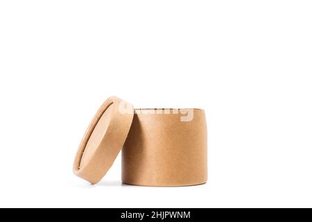 An open cardboard round box on white background with copy space Stock Photo
