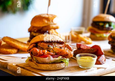 Selective focus of crab burger with chips, fusion food