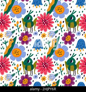 Cute bugs seamless pattern. Cartoon print with insects and colorful flowers. Grasshoppers and worms on blooming meadow. Locusts and blossoms Stock Vector