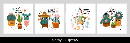 Cute cacti cards. Funny prickly plants cartoon characters, mexican symbol, blooming and hanging succulents and cactuses, pretty faces and hats Stock Vector