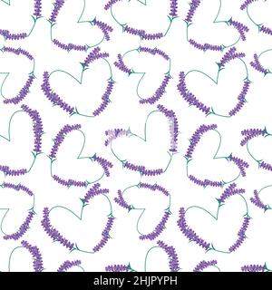Lavender flowers white pattern. Vector seamless background with floral hearts of Lavender blossom. Spring and love illustration. Stock Vector