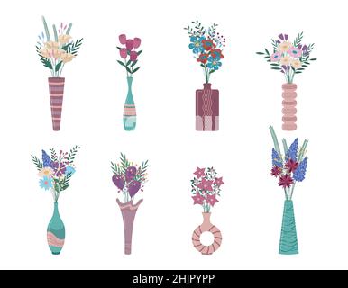 Flowers in vases vector set. Flat collection of trendy boho ceramic jugs and vases with bouquets of flowers. Interior design elements isolated. Stock Vector