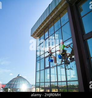 Industrial mountaineering. Male washers hanging on ropes and using cleaning tools while washing building windows. Two men window cleaners in safety helmets working together at high-rise building. Stock Photo