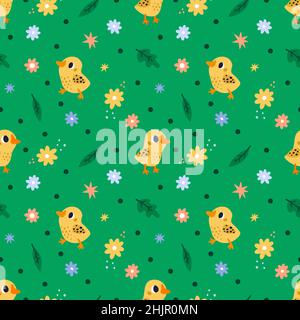 Farm birds seamless pattern. Cartoon print with funny little ducklings. Poultry yard inhabitants. Yellow chicks and goslings. Green flower meadow Stock Vector