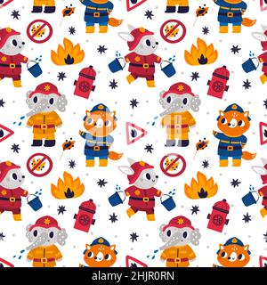 Firefighters seamless pattern. Funny animals in fire protection uniforms with buckets. Fox and hare extinguish flame. Red pumps. Forbidding signs Stock Vector