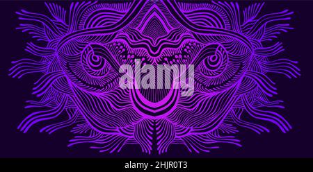 Psychedelic colorful surreal doodle pattern, vibrant gradient purple pink color, isolated on dark violet. Mirror abstract pattern, maze of wavy Stock Vector