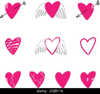 Cute hearts set for Valentine's day design, doodle vector illustration Stock Vector