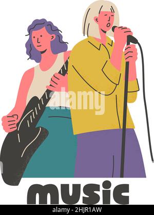 Musical festival poster with lettering. Hipster musicians playing the guitar and singing on stage. Musical performance or show. Rock band live concert Stock Vector