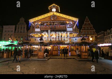 Wroclaw, Poland - December 21, 2019 : Traditional Christmas market on market square in Wroclaw, Poland Stock Photo