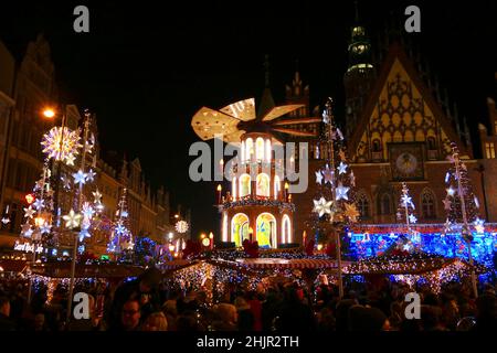 Wroclaw, Poland - December 21, 2019 : Traditional Christmas market on market square in Wroclaw, Poland Stock Photo