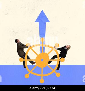 Creative design. Contemporary art collage. Two eployees turning wheel in different directions Stock Photo