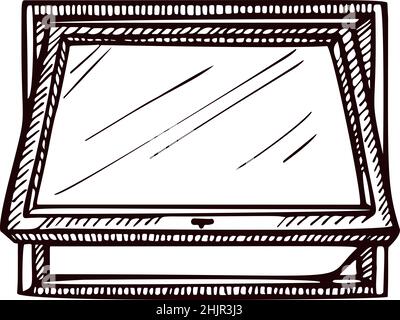 Opened window lean forward sketch isolated. Retro element inside wall in hand drawn style. Engraved design for poster, print, book illustration, logo, Stock Vector