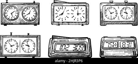 Set Chess clock sketch isolated. Classic and electric watches for chess game in hand drawn style. Engraved design for poster, print, book illustration Stock Vector