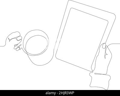 close up of reading e-book with cup of hot drink Stock Vector