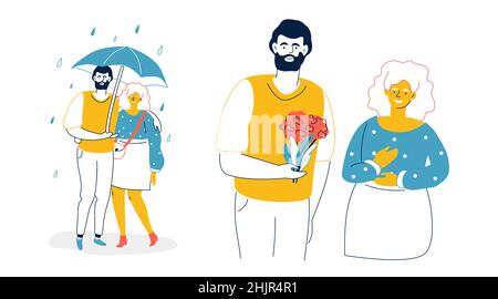 First date - colorful flat design style illustration on white background. A composition with two young lovers walking in the rain, a man presenting a Stock Vector