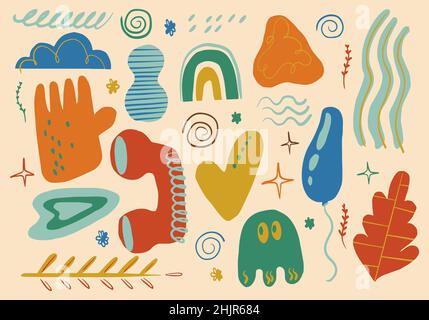 Set of abstract hand drawing elements for design. Vector isolated trendy doodles. Modern colors, simple shapes, blots. Stock Vector