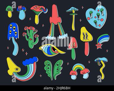Set of classic psychedelic cartoon mushrooms with faces, eyes, tongues and cheeks, nose and eye with rainbow. Cute vector multicolor illustration for Stock Vector