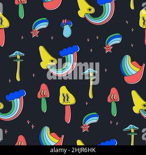 Vector seamless pattern with drawn psychedelic cartoon mushrooms with faces, eyes, tongues. Trendy cartoon background. Stock Vector