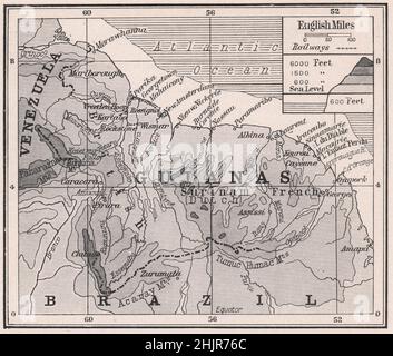 Coastwise towns and Mysterious hinterland of the Guianas. Guyana (1923 map) Stock Photo