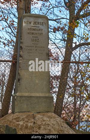 New Jersey,New York historical  boundary marker and monument from 1882. At the Palisades Interstate Park State Line Lookout. Stock Photo