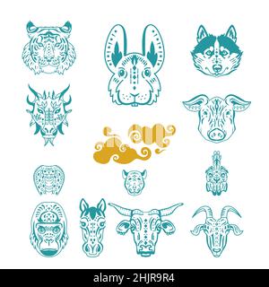 Chinese zodiac animals set on white background. Stock Vector