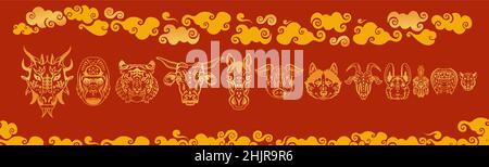 Chinese zodiac animals set gold on red background. Stock Vector