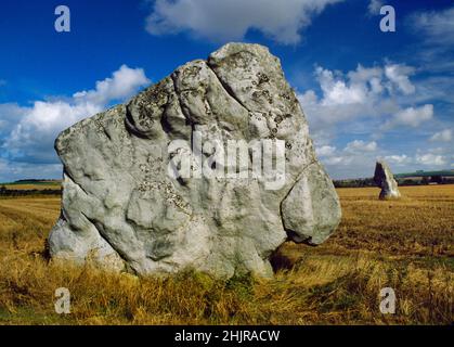 Adam and Eve: view NE of the Longstones Neolithic standing stones, Avebury, Wiltshire, England, UK, with Adam at the front, Eve to the rear. Stock Photo