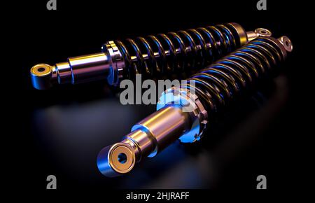 car shock absorber on black, 3d render illustration Stock Photo