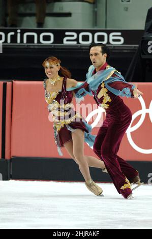 Turin Italy 2006-02-20:  Turin 2006 Olympic Winter Games, Palavela ice rink,figure skating competition for couples, Barbara Fusar Poli and Maurizio Margaglio during the competition Stock Photo