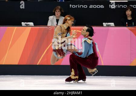 Turin Italy 2006-02-20:  Turin 2006 Olympic Winter Games, Palavela ice rink,figure skating competition for couples, Barbara Fusar Poli and Maurizio Margaglio during the competition Stock Photo