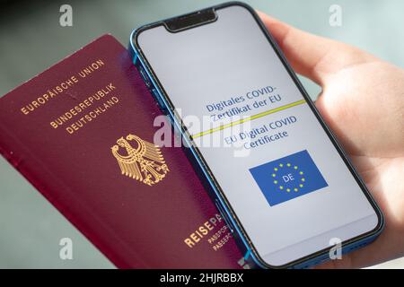 Berlin, Germany. 31st Jan, 2022. A person holds a smartphone (r) showing the EU's COVID digital certificate and a German passport. Anyone who wants to travel in the EU from February 1 will have to prepare for stricter rules. The validity of EU vaccination certificates will automatically expire nine months after basic immunization. In order to continue to travel more easily, a booster vaccination must have taken place. Credit: Fernando Gutierrez-Juarez/dpa-Zentralbild/dpa/Alamy Live News Stock Photo