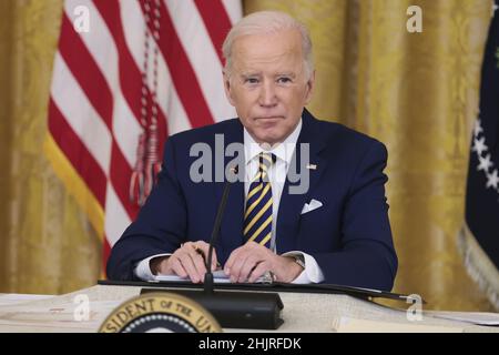 Washington, United States. 31st Jan, 2022. President Joe Biden speaks during a National Governors Association meeting in the East Room of the White House in Washington, DC on Monday, January 31, 2022. Photo by Oliver Contreras/UPI Credit: UPI/Alamy Live News Stock Photo