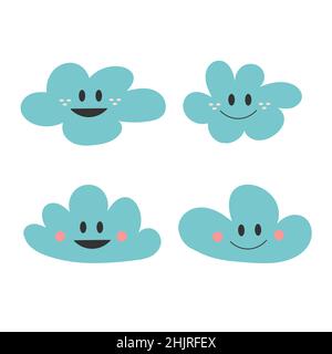 Cute hand drawn print with happy blue smiling clouds. Simple vector illustration on white. Set of cute icons Stock Vector