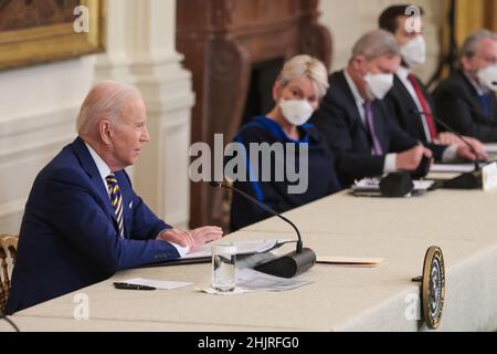 Washington, United States. 31st Jan, 2022. President Joe Biden speaks during a National Governors Association meeting in the East Room of the White House in Washington, DC on Monday, January 31, 2022. Photo by Oliver Contreras/UPI Credit: UPI/Alamy Live News Stock Photo