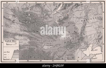 Bleak steppes and burning deserts that separate Russia from China. Mongolia (1923 map) Stock Photo