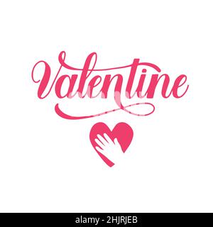 Be my Valentine lettering and hand touching red heart on white background. Stock Vector