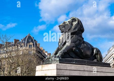 Paris, France, beautiful lion place Denfert-Rochereau in the 14e arrondissement, with typical buildings Stock Photo